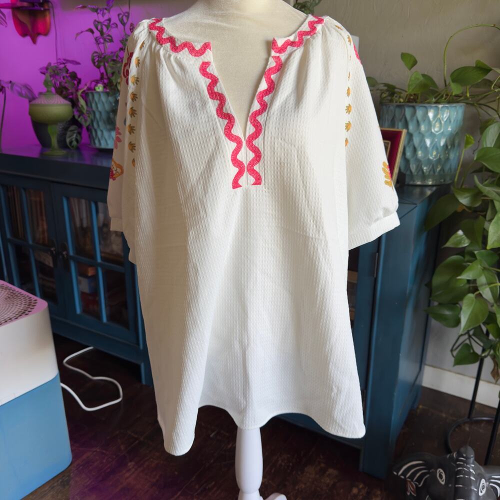 White Floral‎ Sleeve V-Neck Blouse - Size 2XL